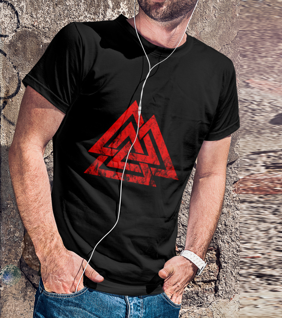 Valknut Symbol Nordic Viking Odin Sign Wicca Red Triangles T-Shirt