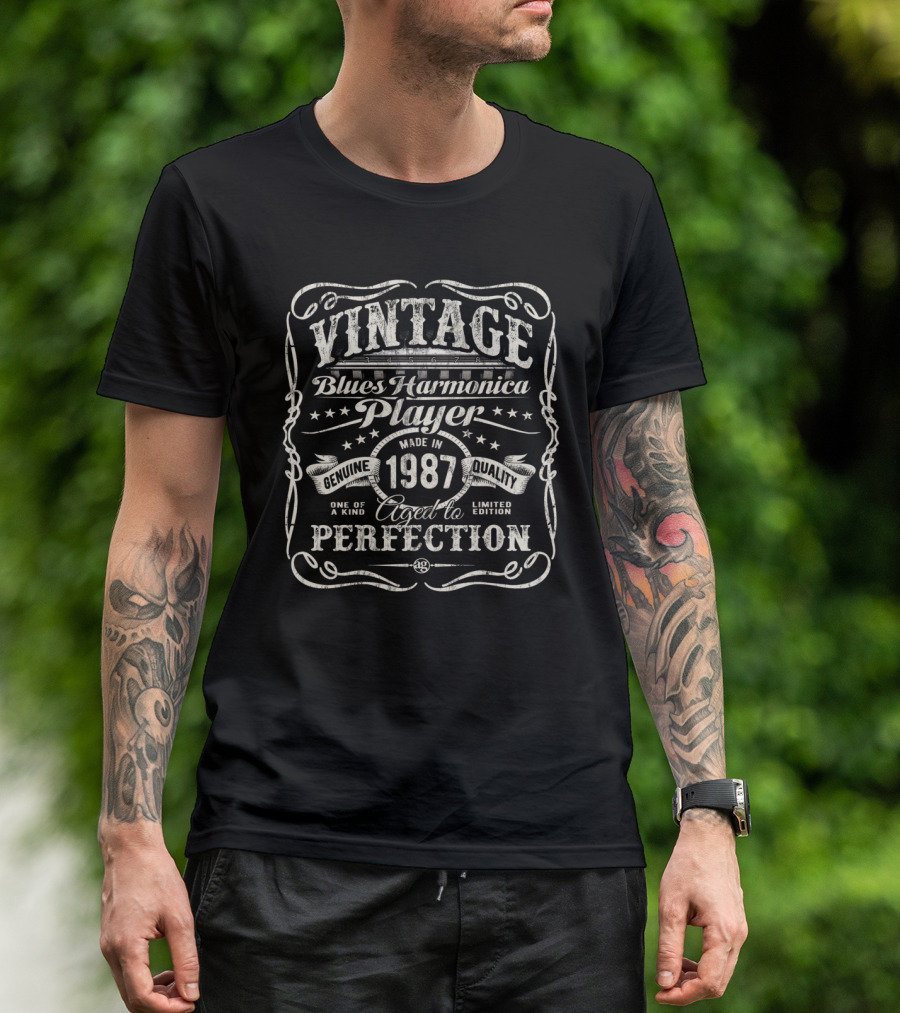 Vintage Blues Harmonica Player Made In 1987 Aged To Perfection Genuine Quality T-Shirt