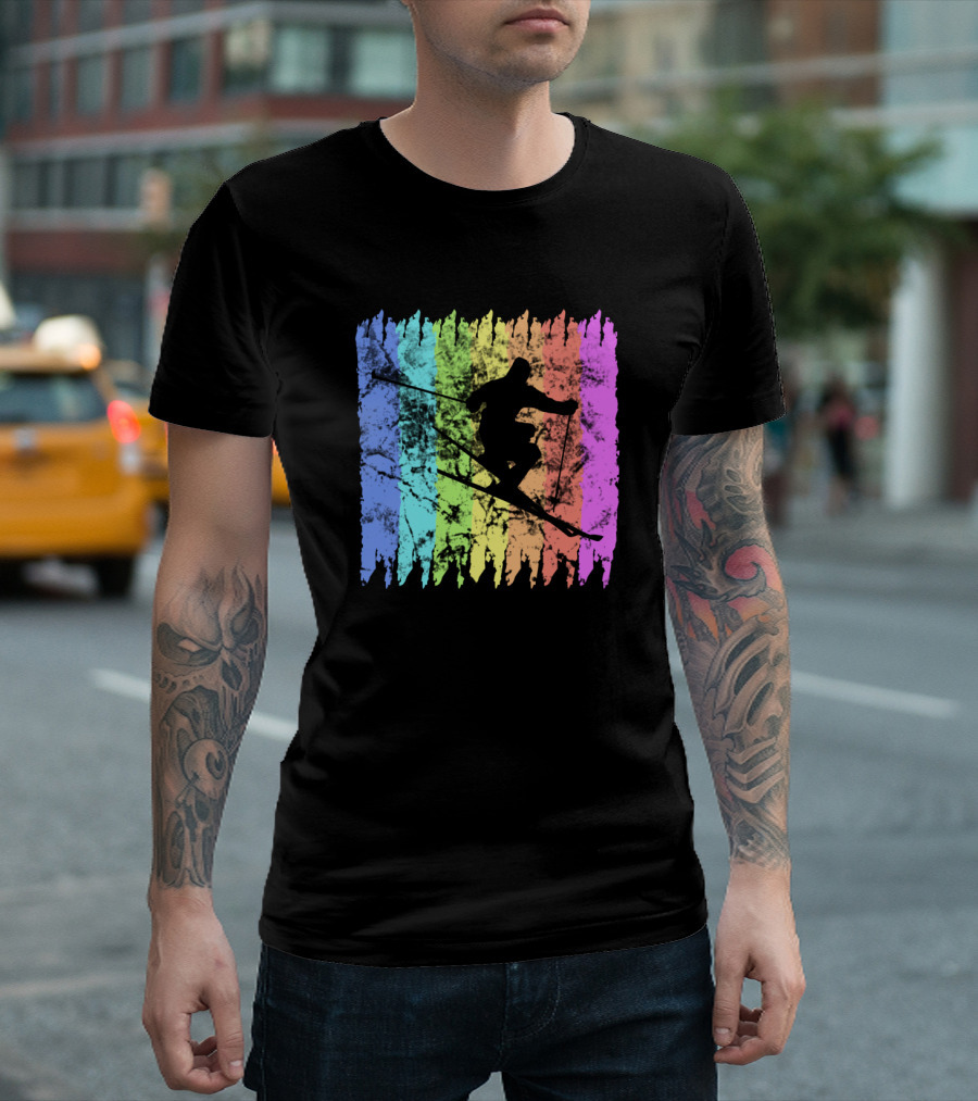 Vintage Rainbow Skiing Silhouette Winter Sports T-Shirt