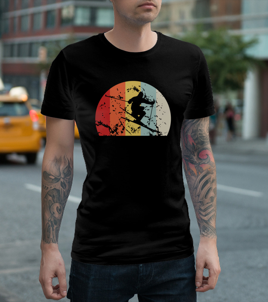 Retro Vintage Skiing Silhouette with Colorful Sunset Stripes T-Shirt
