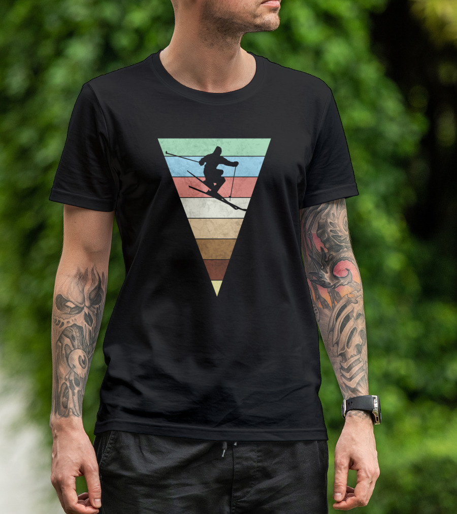 Skiing Vintage Print Silhouette With Retro Stripes For Skiers T-Shirt