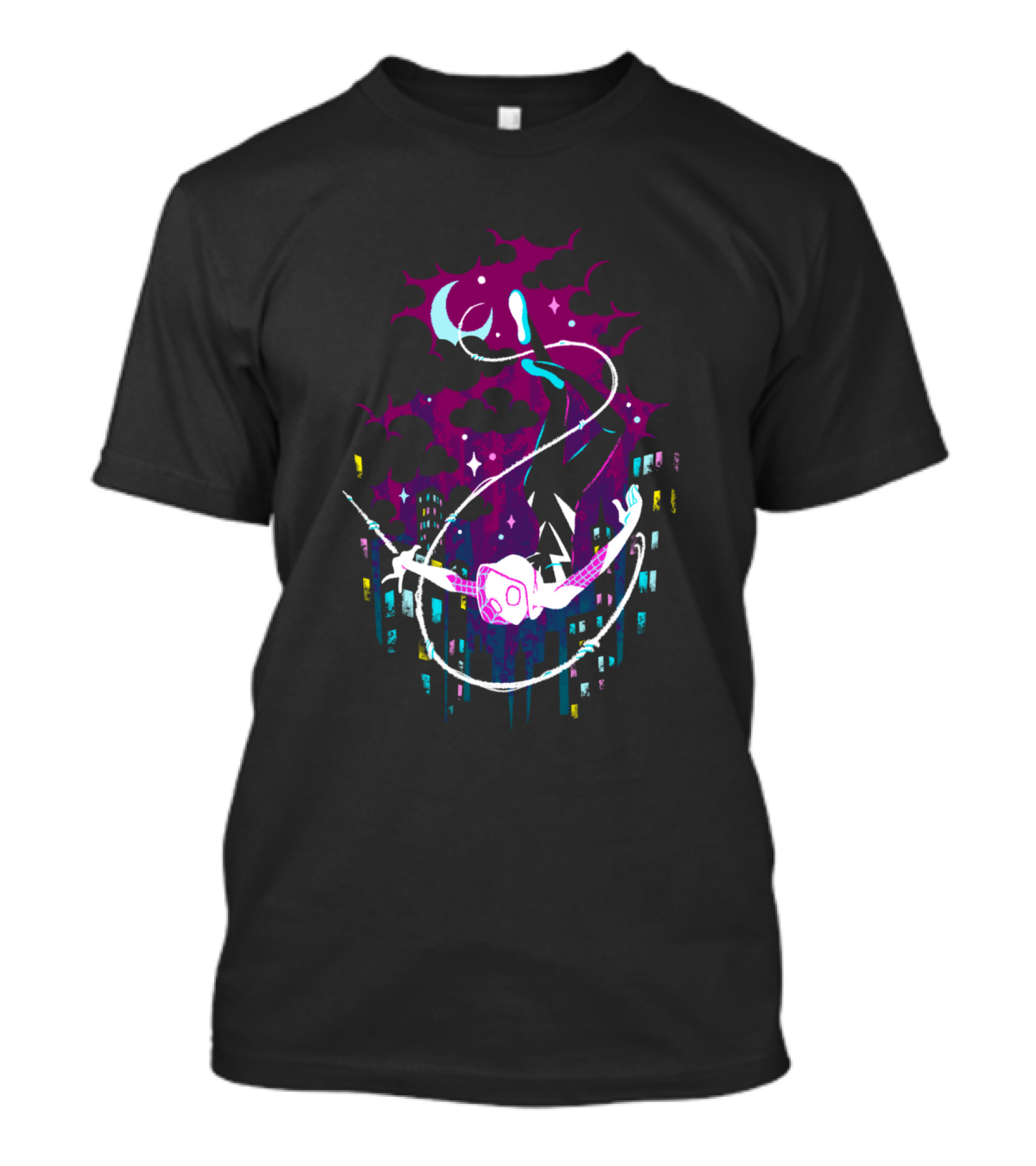 Marvel Ghost Spider Swinging Through Neon City Skyline T-Shirt