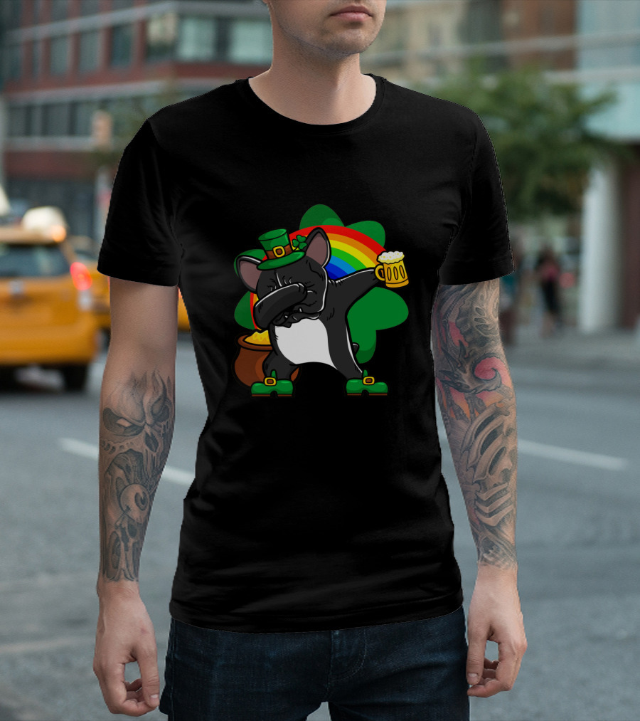French Bulldog Dabbing Shamrock Rainbow St Patrick's Day T-Shirt