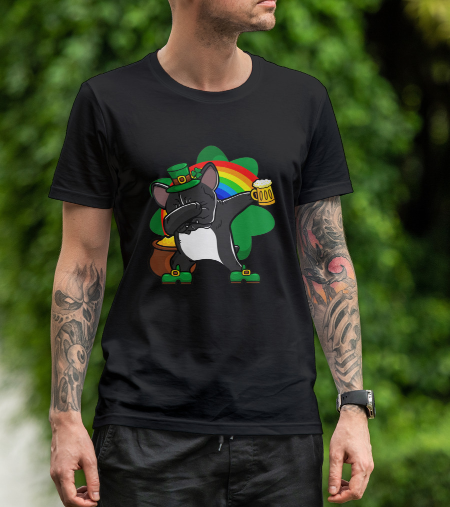 French Bulldog Dabbing Shamrock Rainbow St Patrick's Day T-Shirt