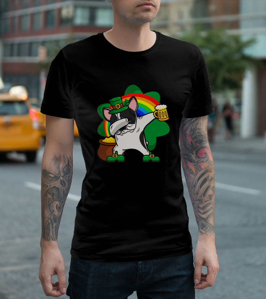 Dabbing Pied French Bulldog St Patrick's Day Rainbow Clover Beer Pot of Gold T-Shirt