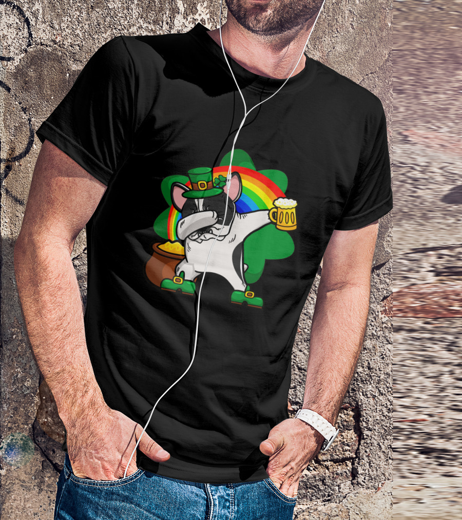 Dabbing Pied French Bulldog St Patrick's Day Rainbow Clover Beer Pot Of Gold T-Shirt