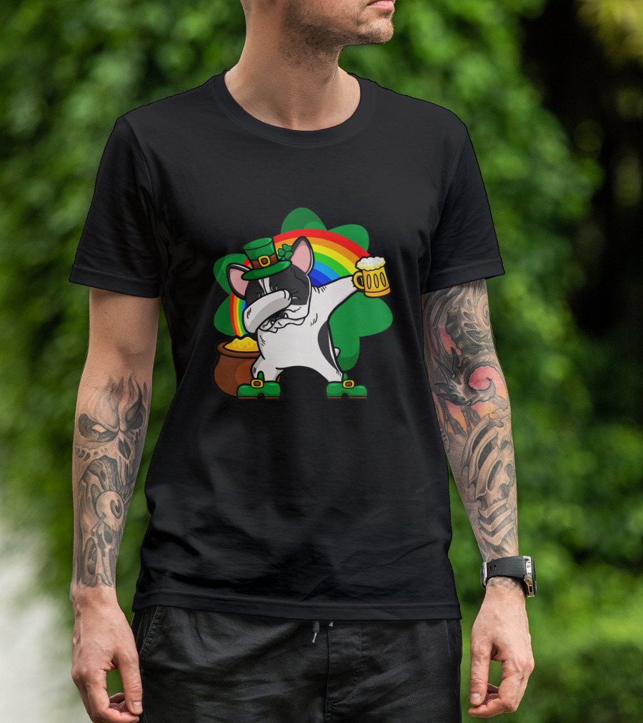Dabbing Pied French Bulldog St Patrick's Day Rainbow Clover Beer Pot Of Gold T-Shirt