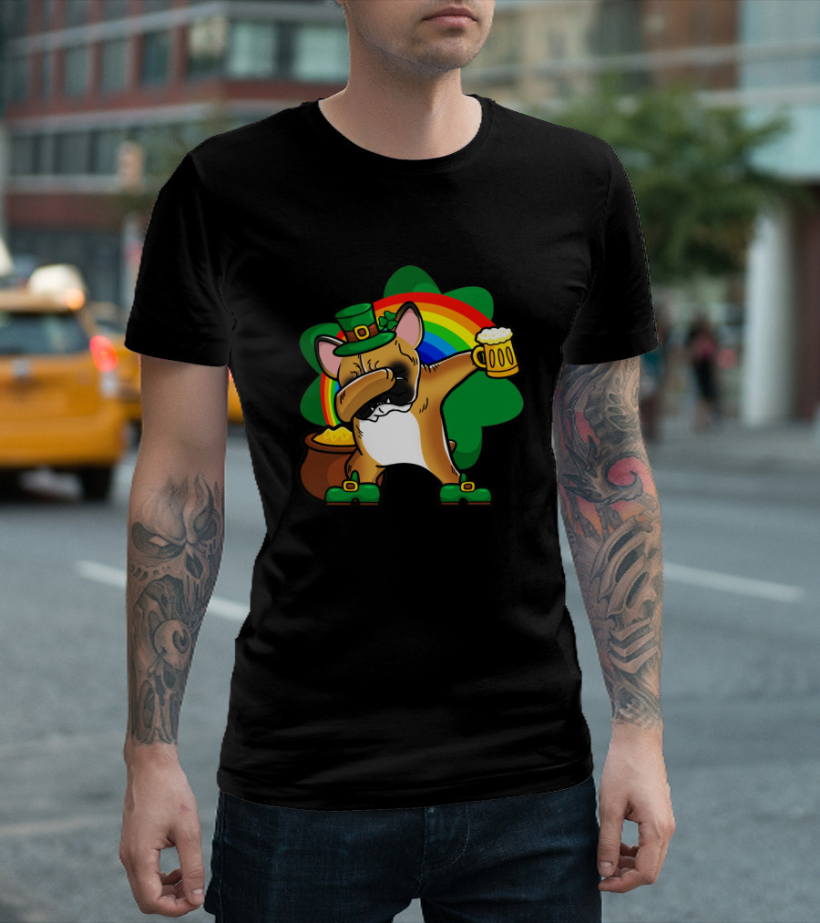 French Bulldog Dabbing Leprechaun With Beer And Rainbow St Patrick's Day T-Shirt