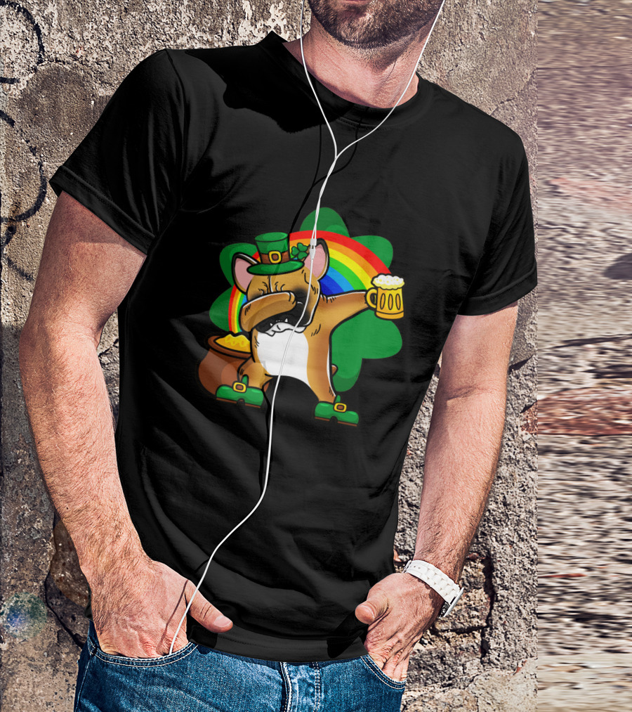 French Bulldog Dabbing Leprechaun With Beer And Rainbow St Patrick's Day T-Shirt