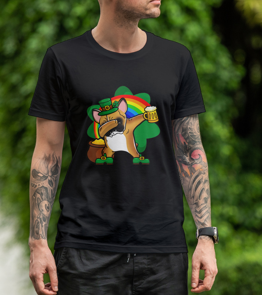 French Bulldog Dabbing Leprechaun With Beer And Rainbow St Patrick's Day T-Shirt
