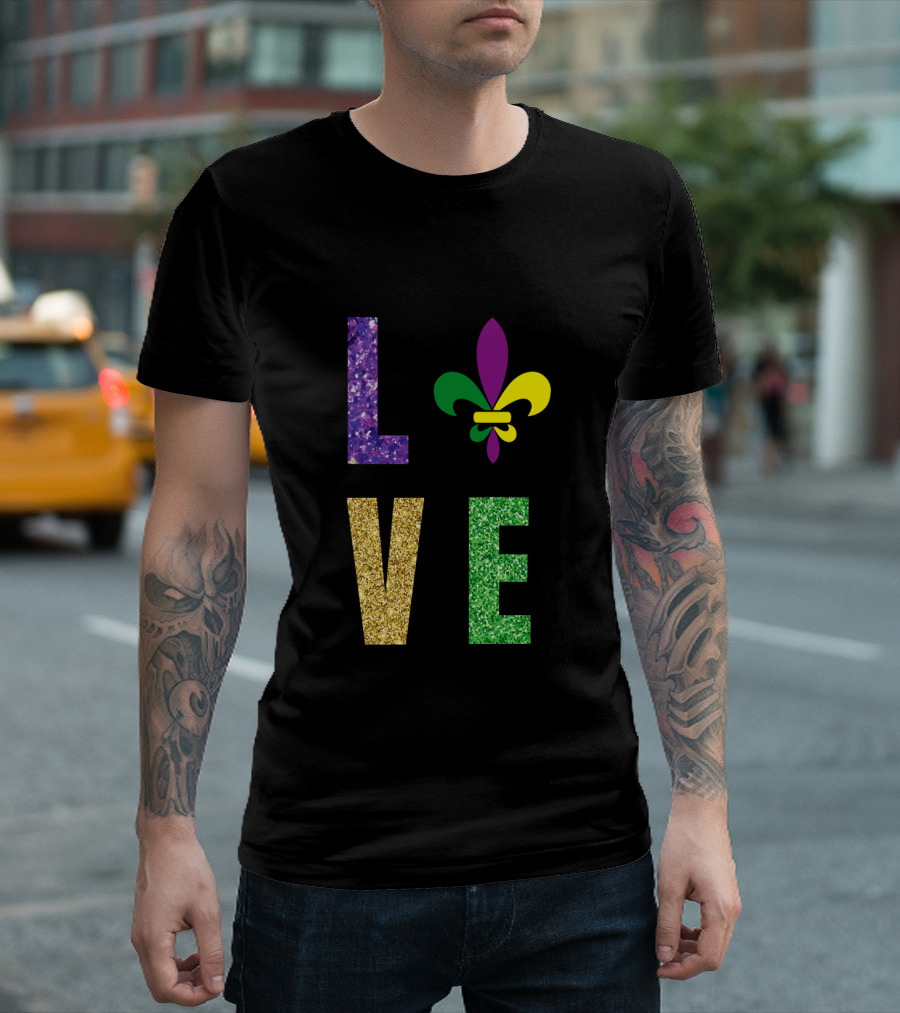 Love Fleur De Lis Mardi Gras Glitter Letters T-Shirt