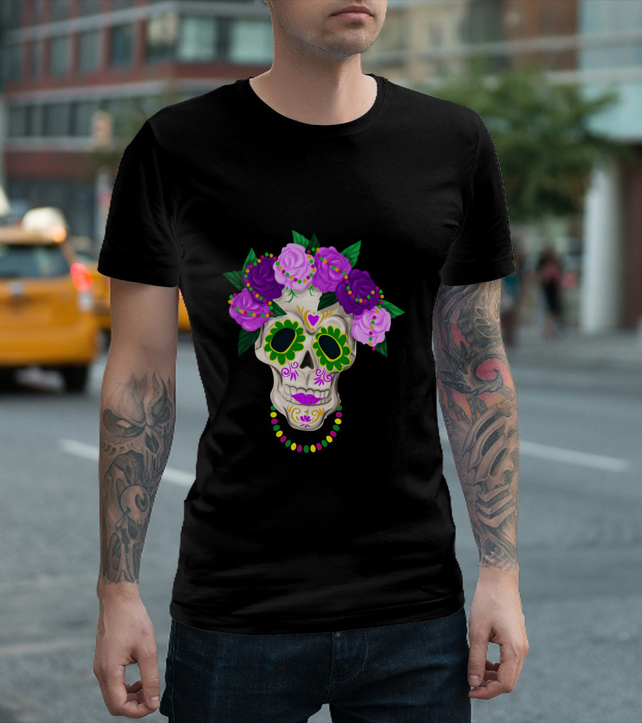 Mardi Gras Day Sugar Skull with Floral Crown and Beads T-Shirt