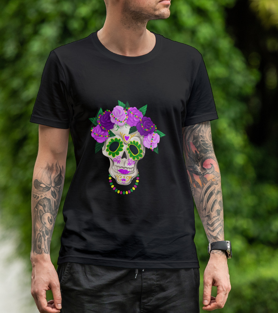 Mardi Gras Day Sugar Skull With Floral Crown And Beads T-Shirt
