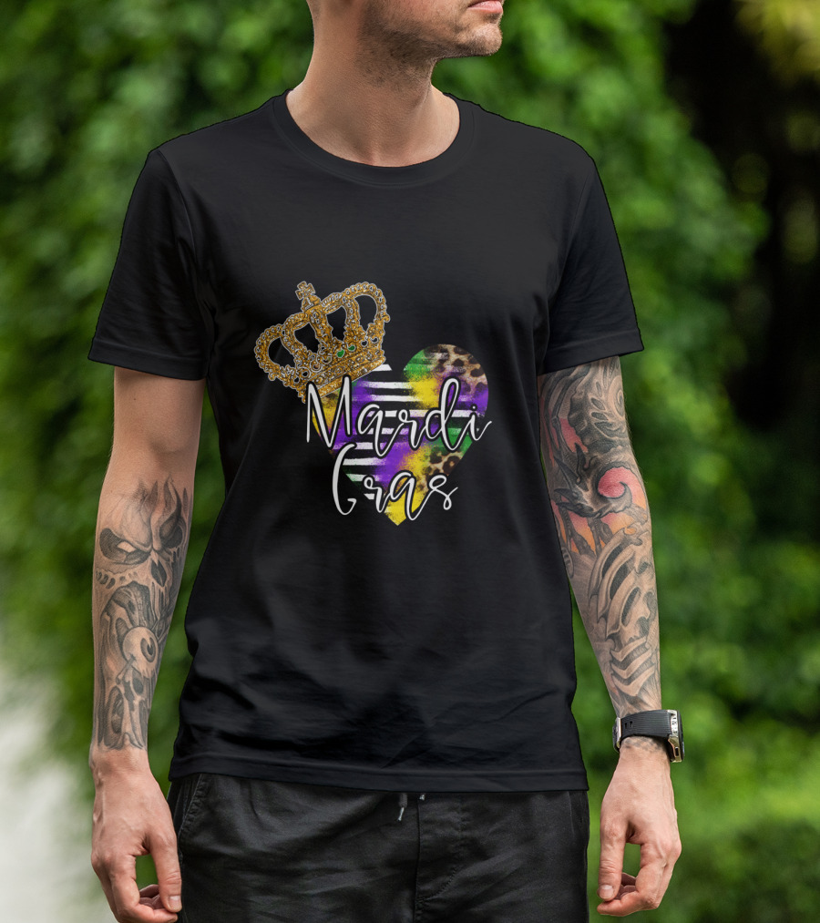 Mardi Gras Crown Heart Leopard Stripes T-Shirt