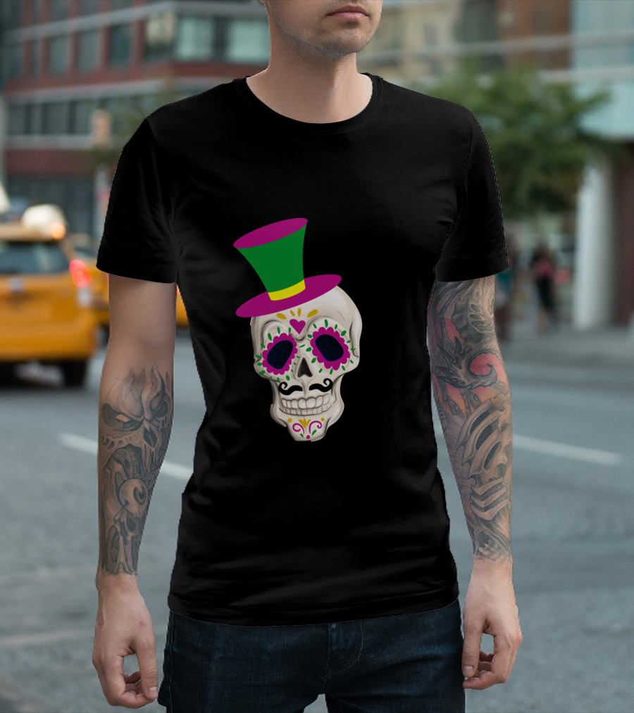 Mardi Gras Day Colorful Male Skull With Green And Pink Hat T-Shirt