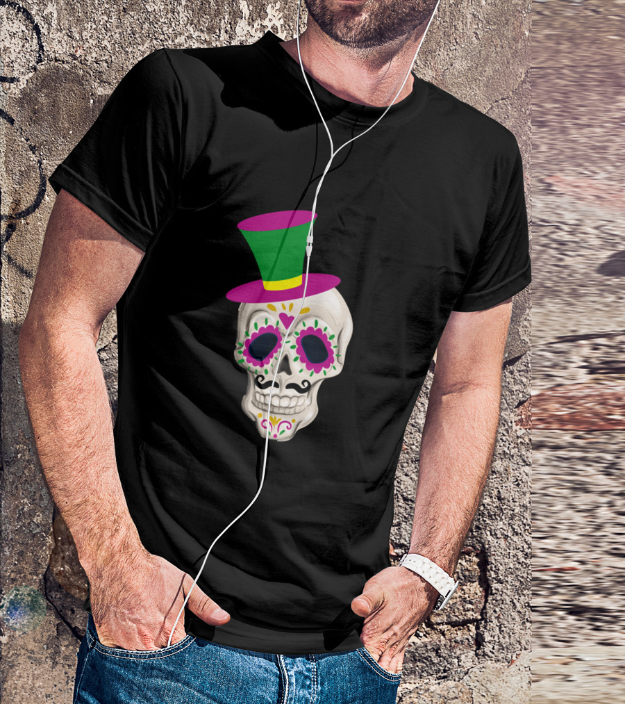 Mardi Gras Day Colorful Male Skull With Green And Pink Hat T-Shirt