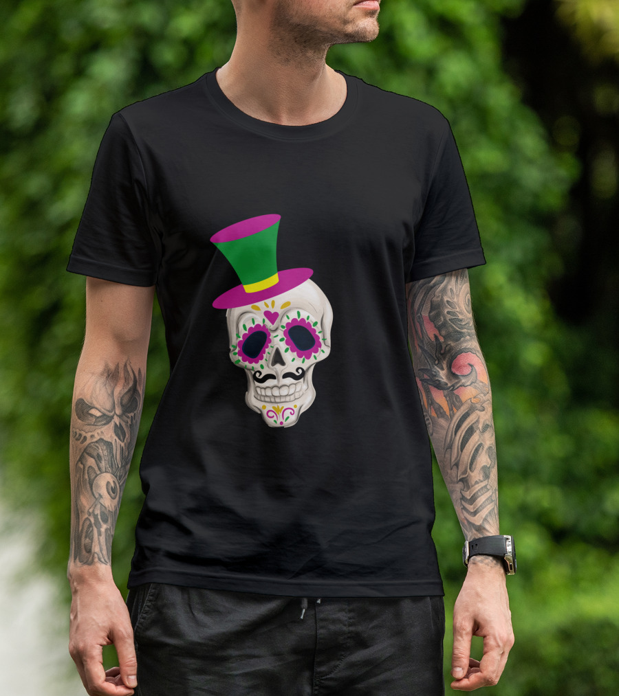 Mardi Gras Day Colorful Male Skull With Green And Pink Hat T-Shirt