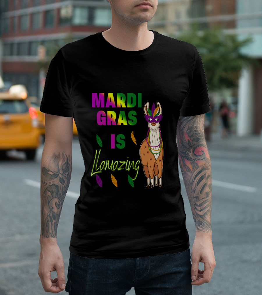 Mardi Gras Is Llamazing Colorful Llama with Mask and Feathers T-Shirt
