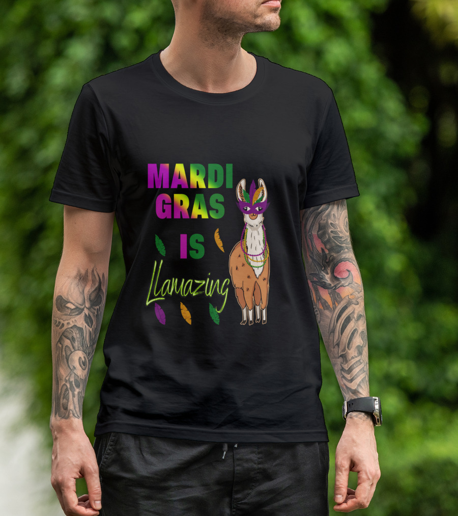 Mardi Gras Is Llamazing Colorful Llama With Mask And Feathers T-Shirt