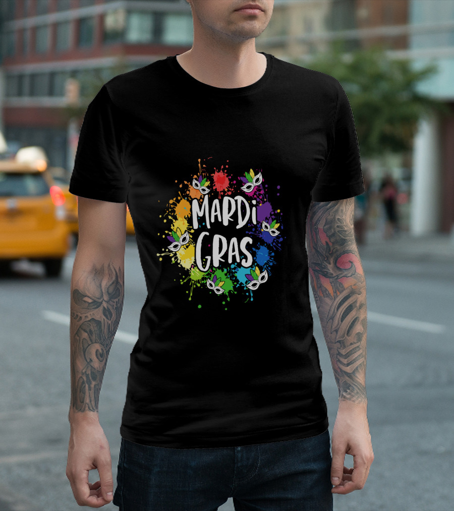 Mardi Gras Mask Colorful Paint Splatter New Orleans T-Shirt