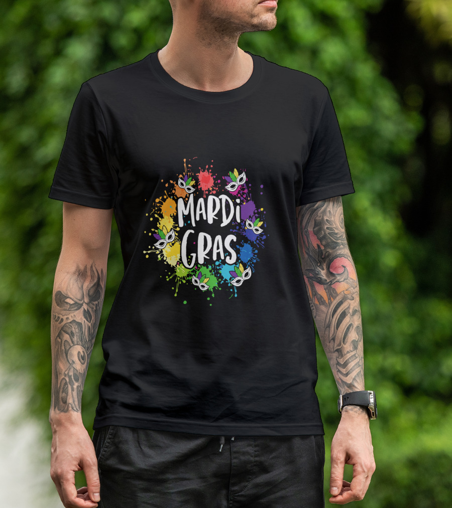 Mardi Gras Mask Colorful Paint Splatter New Orleans T-Shirt