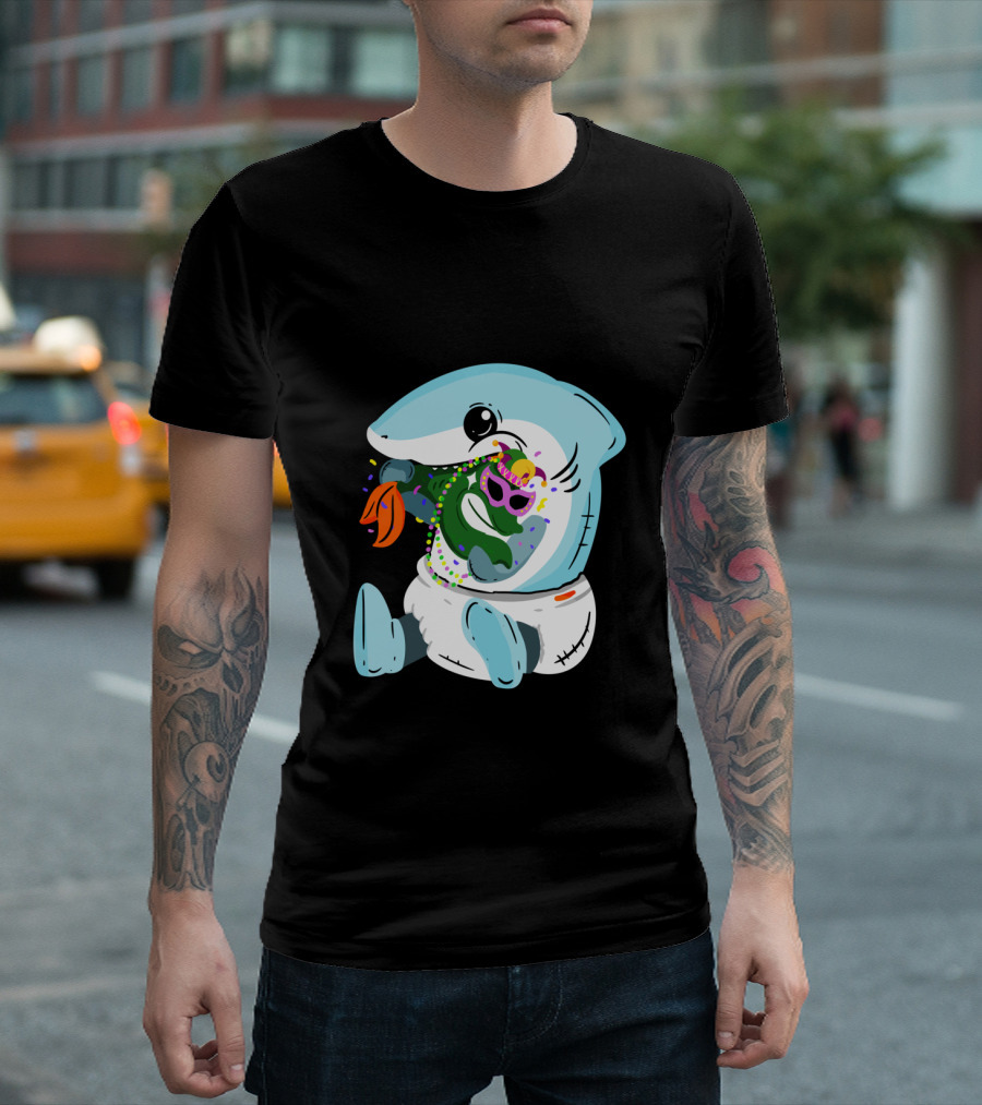 Mardi Gras Shark Baby Eating Bead-Covered Fish T-Shirt