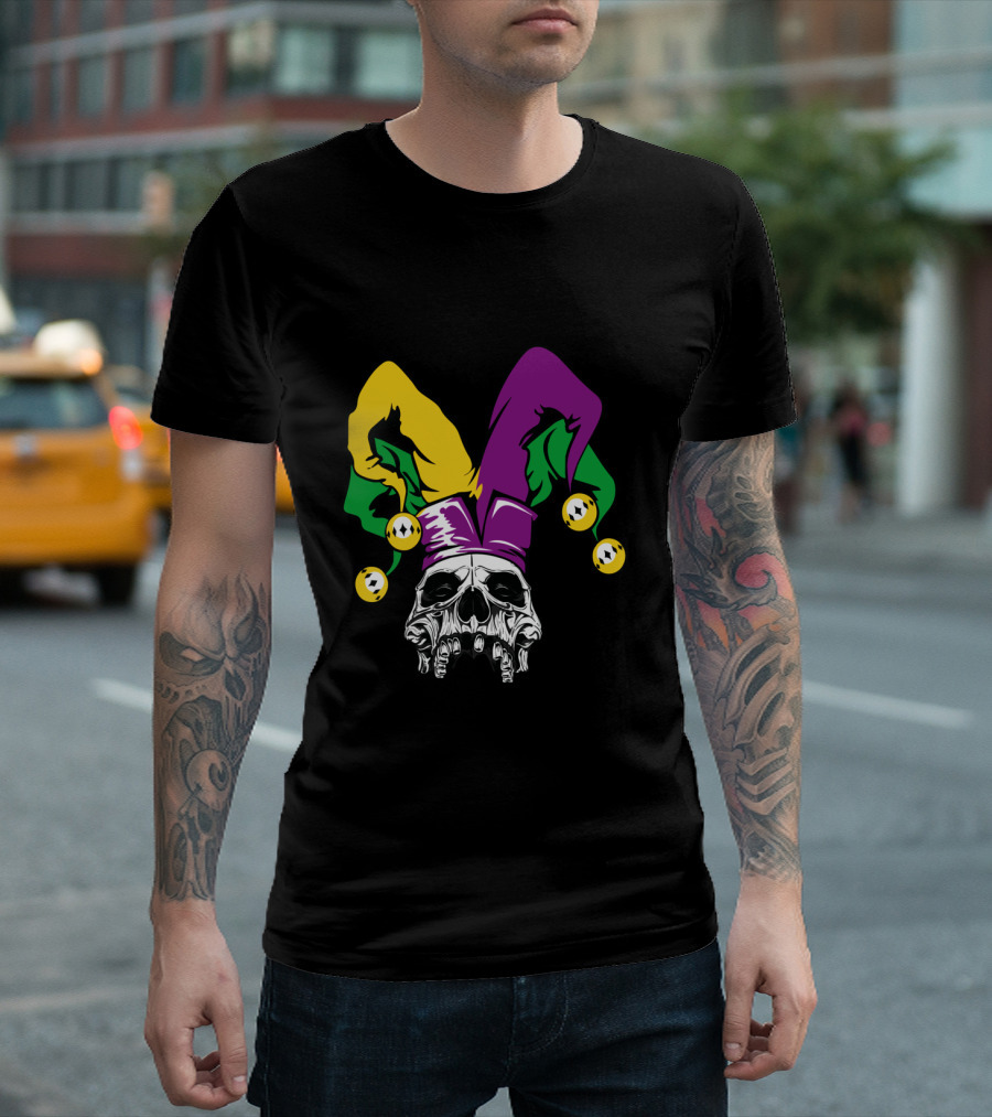Mardi Gras Skull Jester Hat Purple Green Yellow T-Shirt