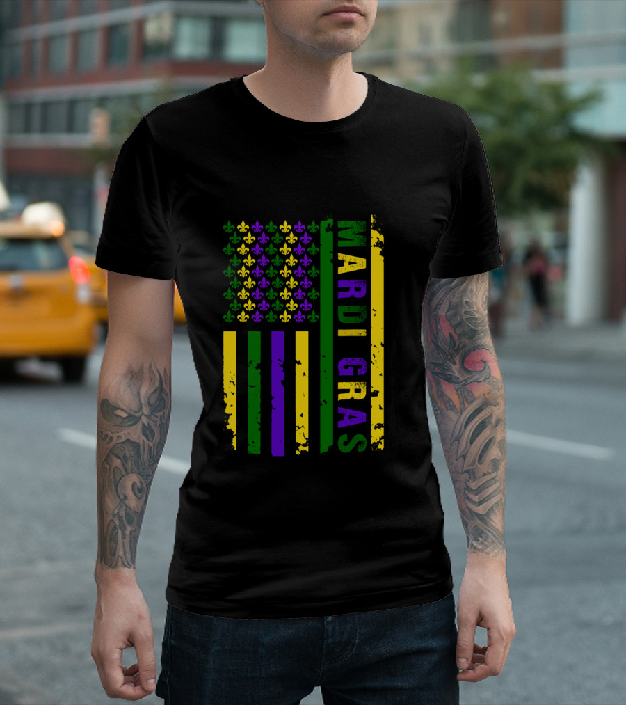Mardi Gras Fleur-de-Lis Flag American Mask Beads Crawfish T-Shirt