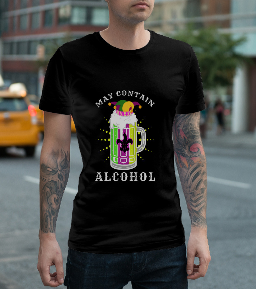 May Contain Alcohol Mardi Gras Jester Hat Beer Mug Fleur-de-Lis T-Shirt