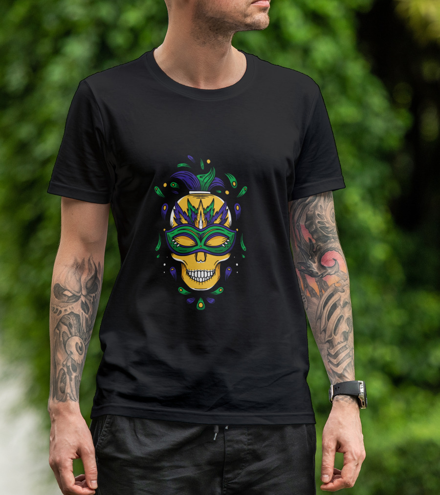 Mardi Gras Skull Jester Mask With Feathers And Colors T-Shirt