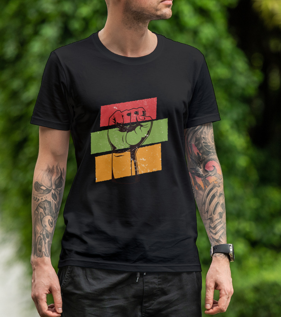 Black History Month Fist African American Pride Red Green Yellow Stripes T-Shirt