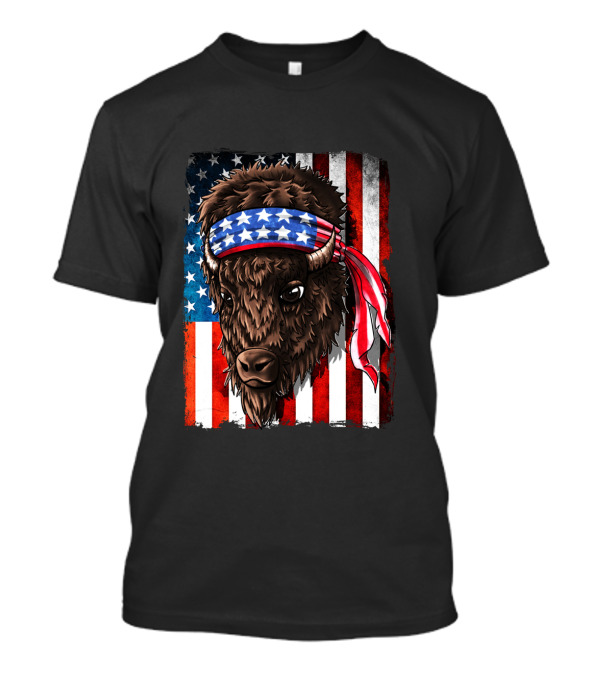 Buffalo With American Flag Headband On Patriotic Western Background T-Shirt