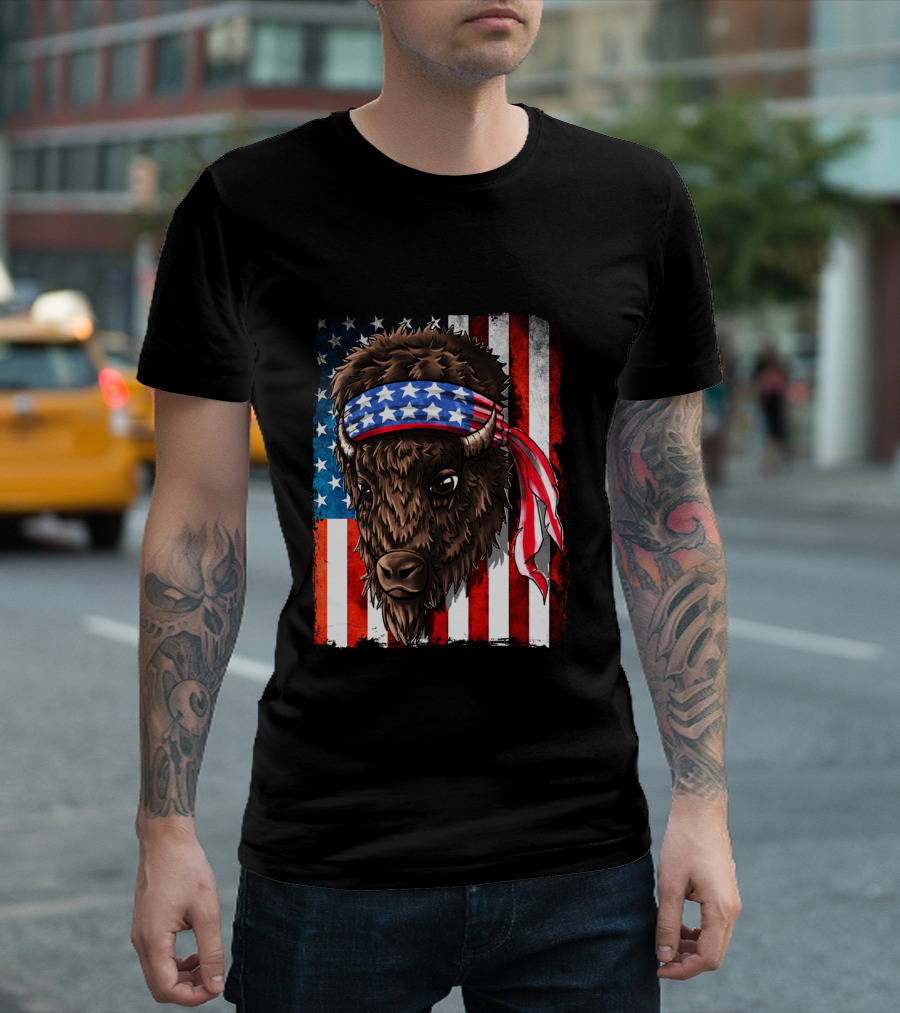 Buffalo with American Flag Headband on Patriotic Western Background T-Shirt