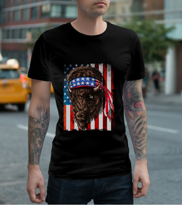 Buffalo With American Flag Headband On Patriotic Western Background T-Shirt