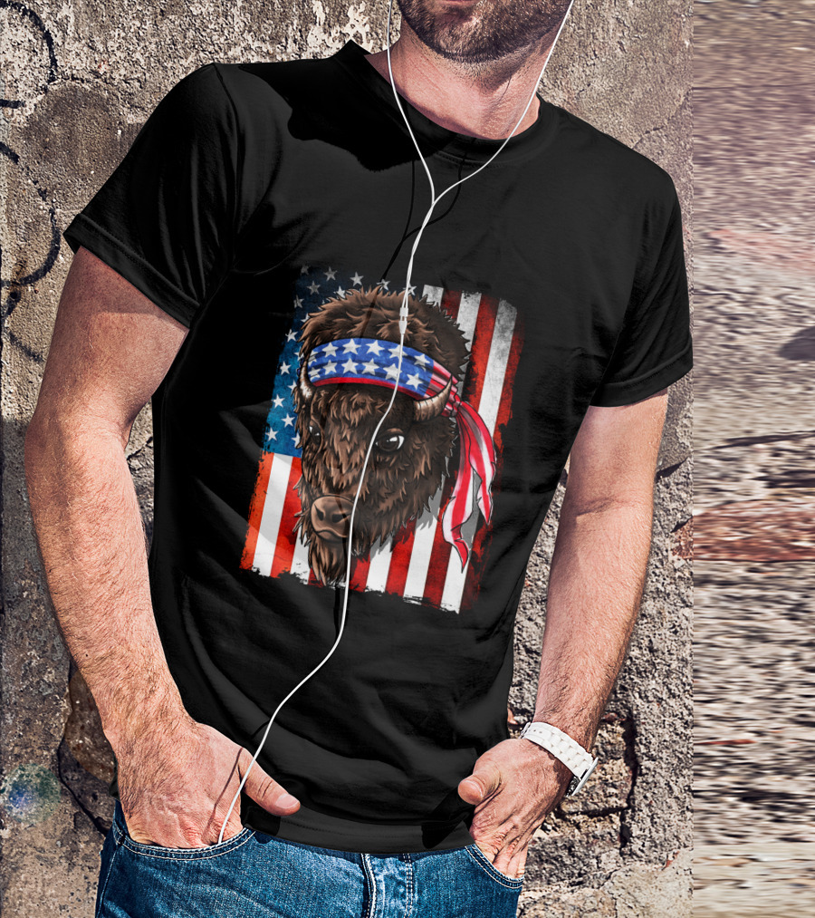 Buffalo With American Flag Headband On Patriotic Western Background T-Shirt