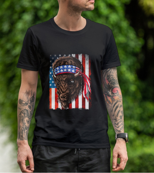 Buffalo With American Flag Headband On Patriotic Western Background T-Shirt