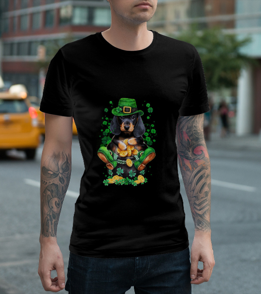 Dachshund Patrick Baby Funny Patrick Leprechaun Hat Shamrocks Pot Of Gold Coins T-Shirt