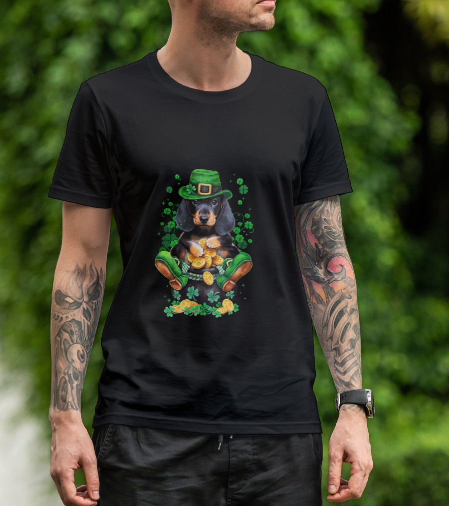 Dachshund Patrick Baby Funny Patrick Leprechaun Hat Shamrocks Pot Of Gold Coins T-Shirt