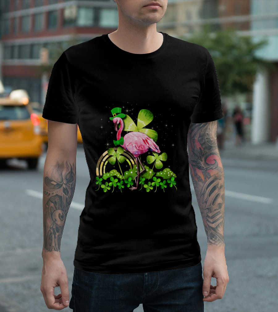Flamingo St Patrick Day Shamrocks Leprechaun Rainbow Bowtie Sparkles T-Shirt