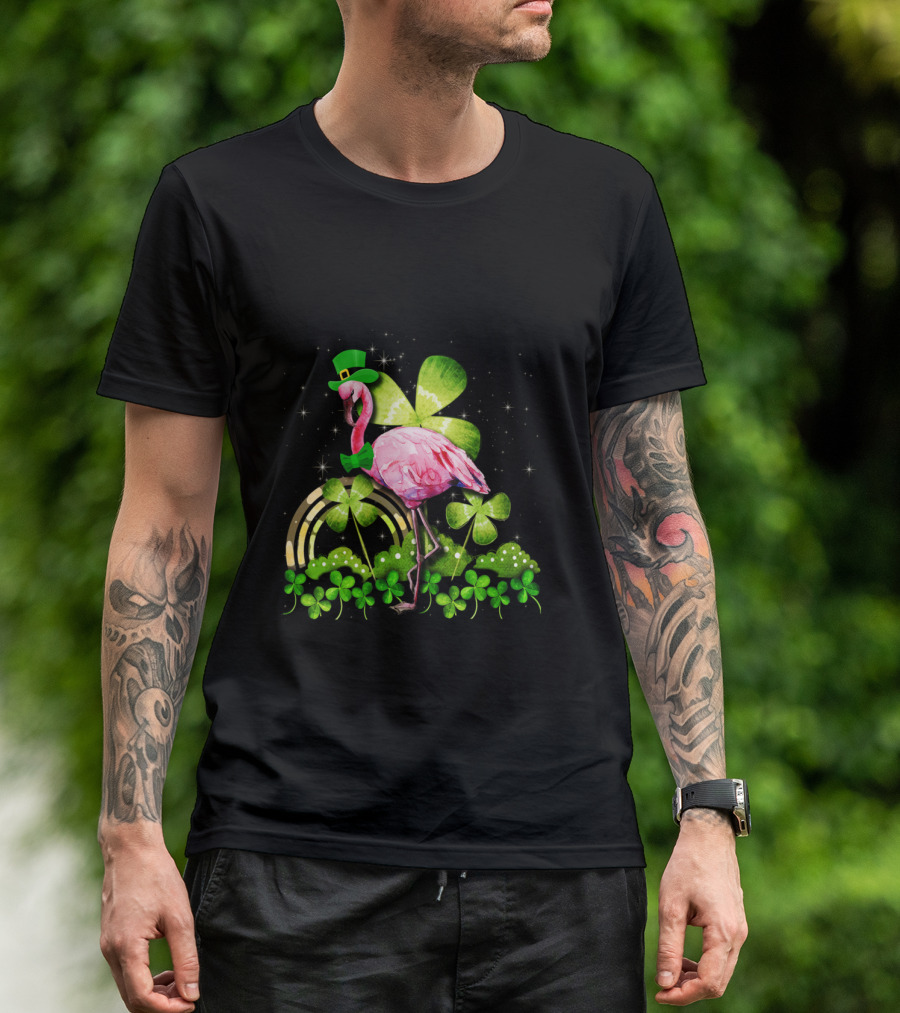 Flamingo St Patrick Day Shamrocks Leprechaun Rainbow Bowtie Sparkles T-Shirt