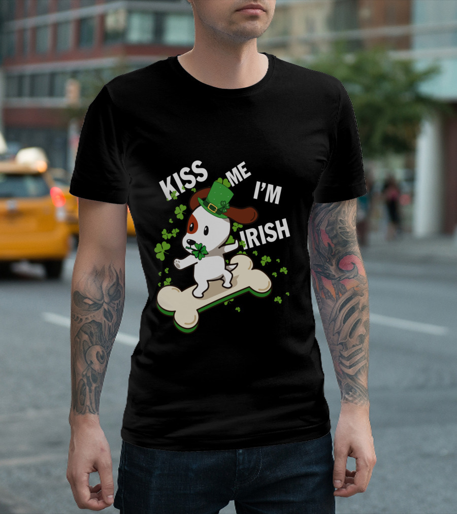 Kiss Me I'm Irish Jack Russell Dog with Lucky Shamrock and Hat on Bone T-Shirt