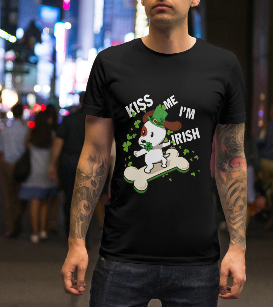 Kiss Me I'm Irish Jack Russell Dog With Lucky Shamrock And Hat On Bone T-Shirt
