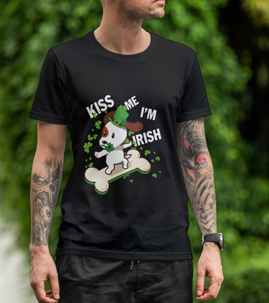 Kiss Me I'm Irish Jack Russell Dog With Lucky Shamrock And Hat On Bone T-Shirt