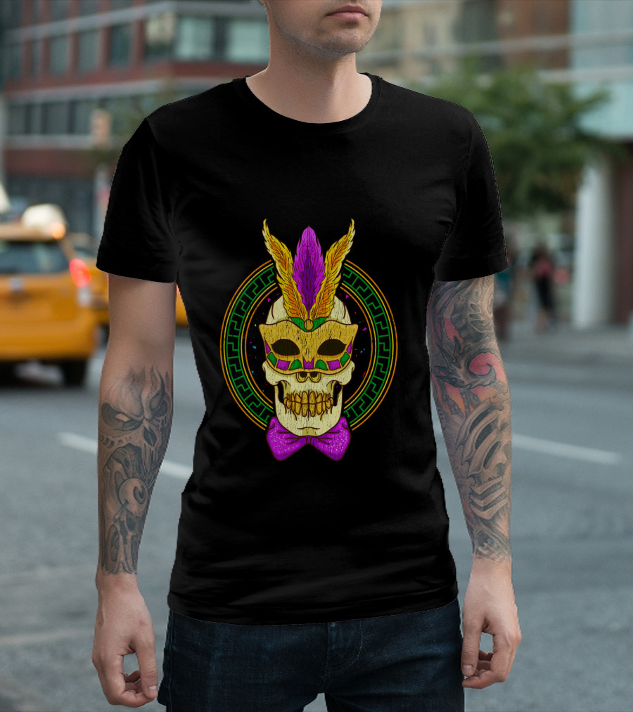 Mardi Gras Feathered Skull Mask with Colorful Bowtie T-Shirt