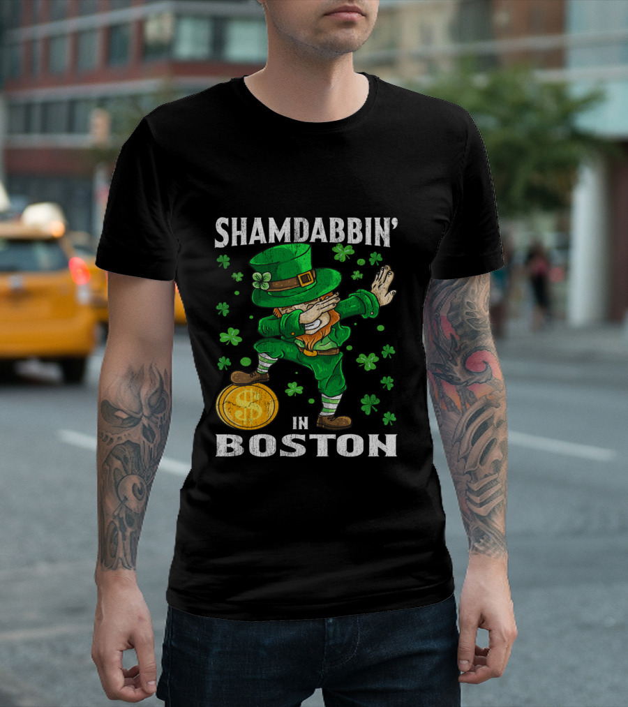Shamdabbin In Boston Dabbing Leprechaun with Gold Coin and Shamrocks T-Shirt