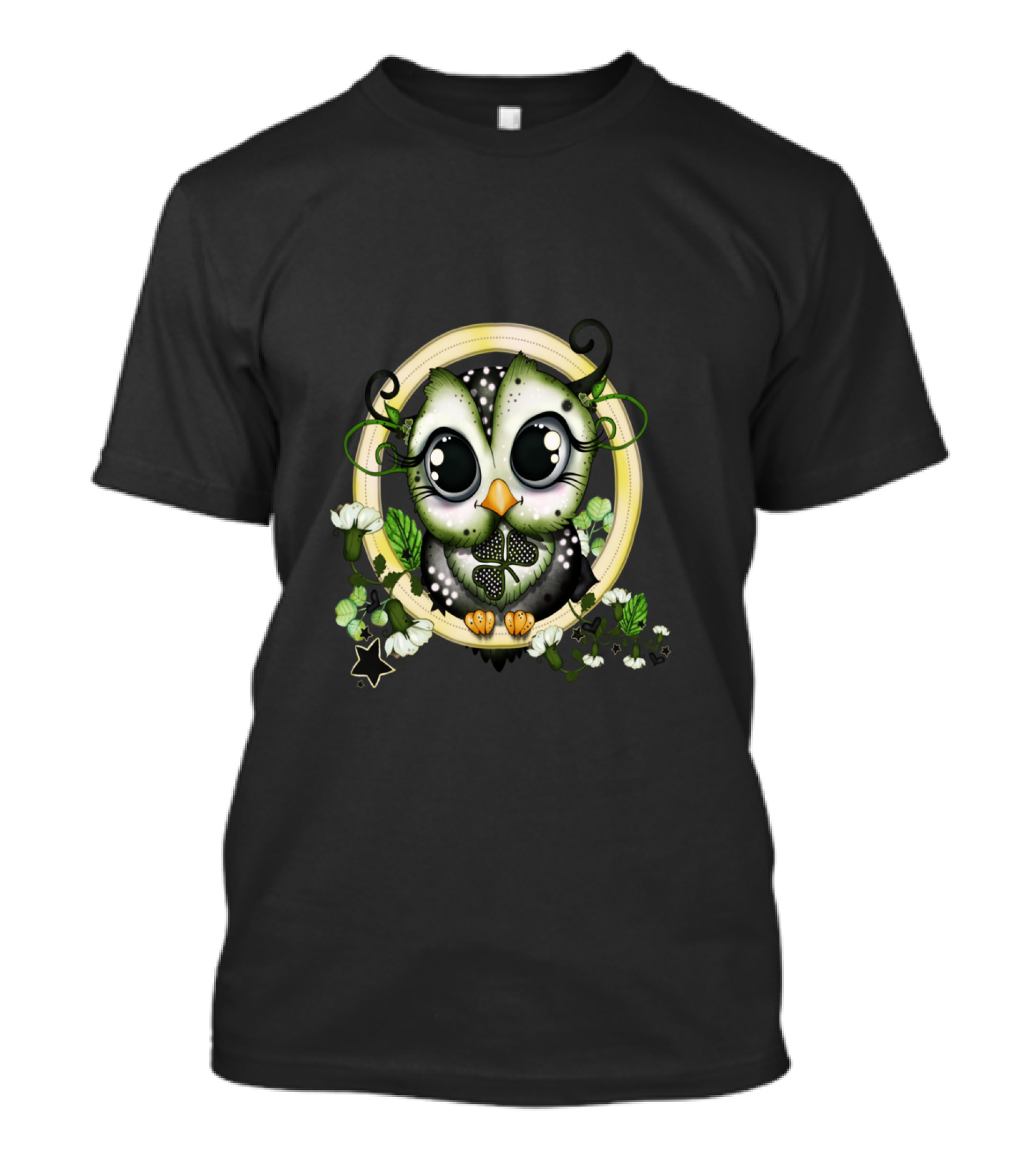 ST. PATRICKS DAY OWL SURROUNDED BY GREEN AND WHITE FLORAL ELEMENTS T-Shirt
