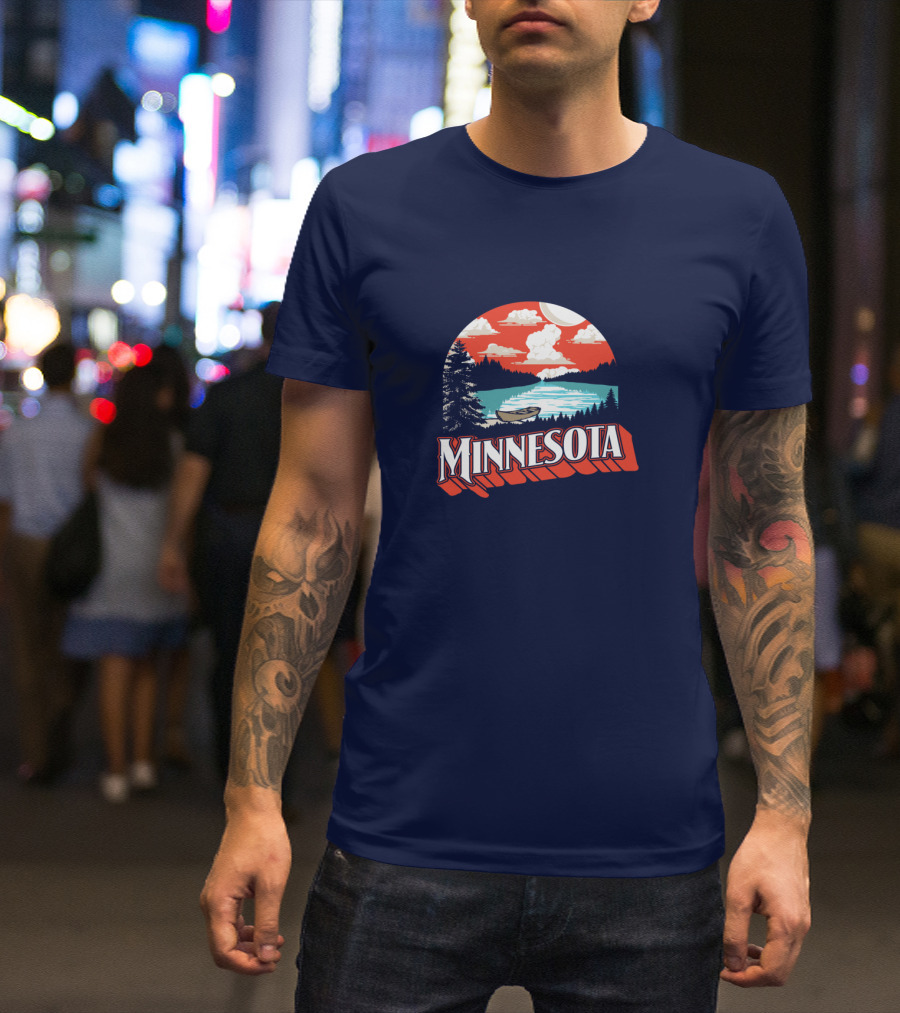 Minnesota Boat On Scenic Vintage Lake With Forest And Sunset Sky T-Shirt