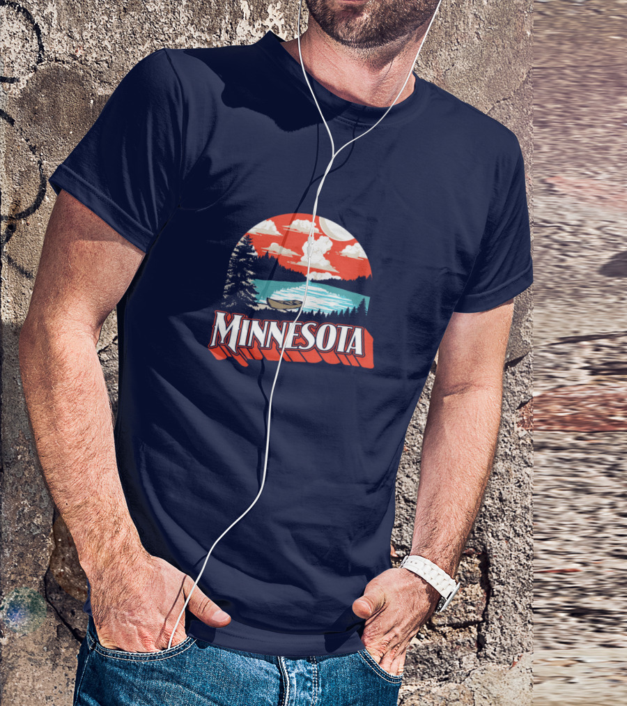 Minnesota Boat On Scenic Vintage Lake With Forest And Sunset Sky T-Shirt