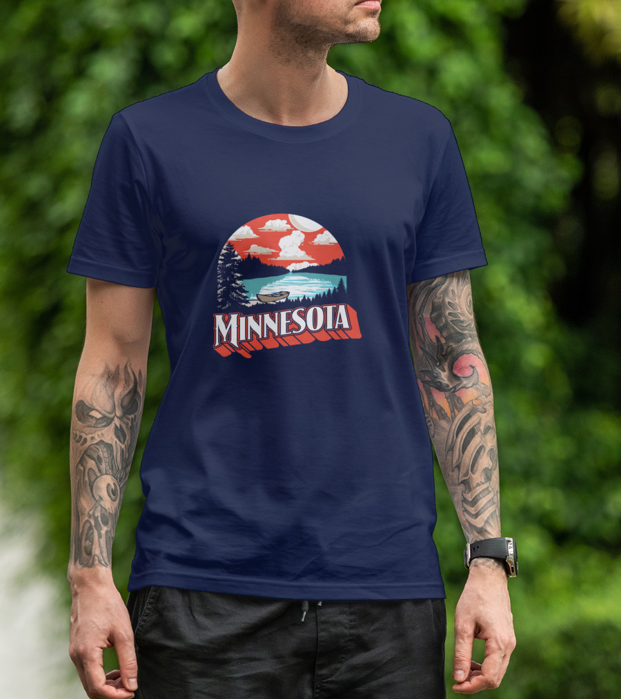 Minnesota Boat On Scenic Vintage Lake With Forest And Sunset Sky T-Shirt