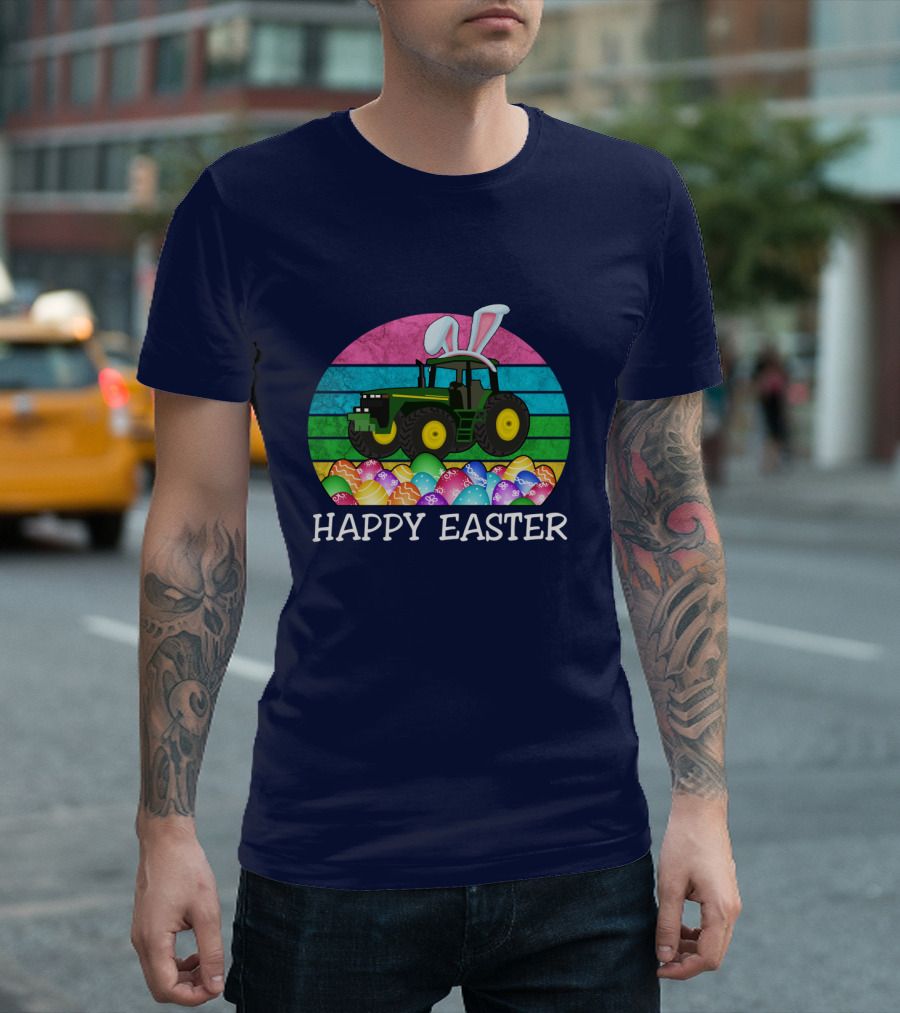 Happy Easter Vintage Bunny Ears with Tractor and Colorful Eggs T-Shirt